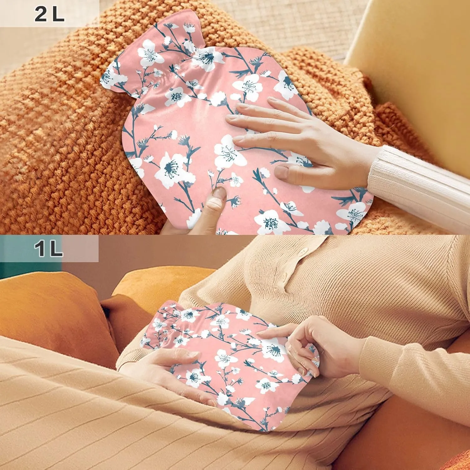Spring Flowers Pink Hot Water Bottle with Cute Cover 1L Durable Hot Water Bag Warm Water Bag Pouch for Tummy Cramps Neck and Shoulder Waist Pain Relief