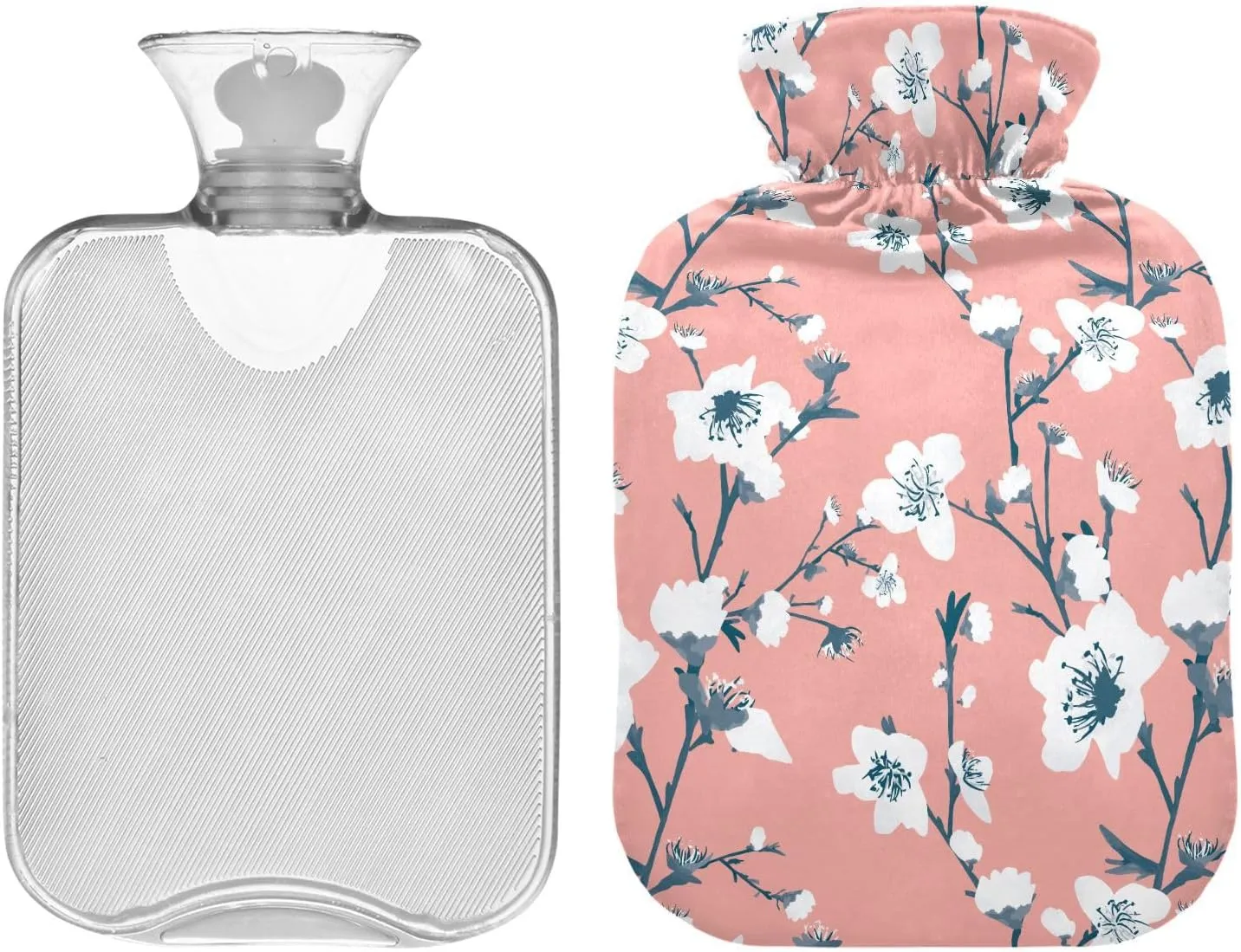 Spring Flowers Pink Hot Water Bottle with Cute Cover 1L Durable Hot Water Bag Warm Water Bag Pouch for Tummy Cramps Neck and Shoulder Waist Pain Relief