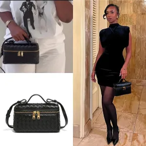 Square Box Crossbody Purse, Mini PU Leather Shoulder Bag, Top-Handle Tote Handbag, Woven Design