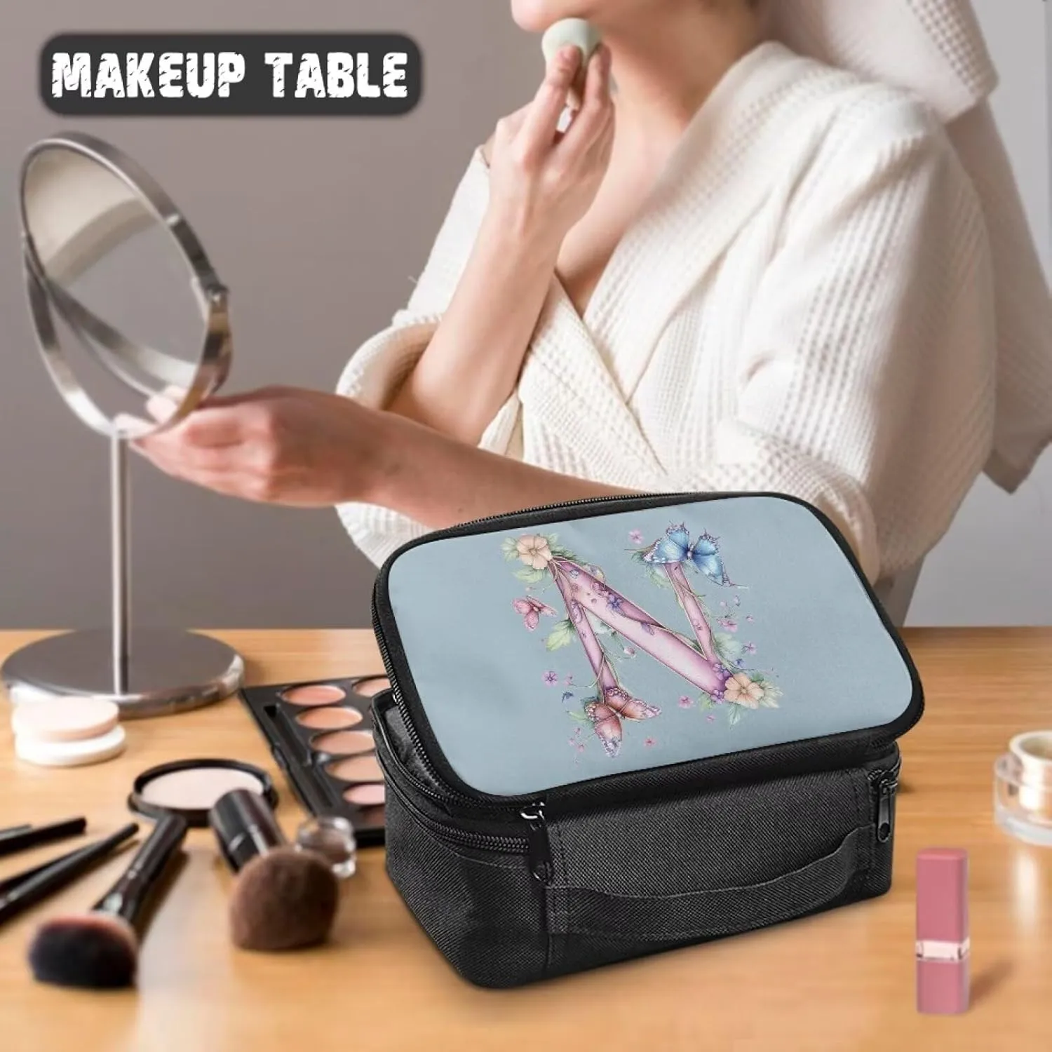 Square Cosmetic Bag for Her - Extra Large Waterproof Polyester Makeup Organizer, Multi-Functional Travel & Work Essential Blue N