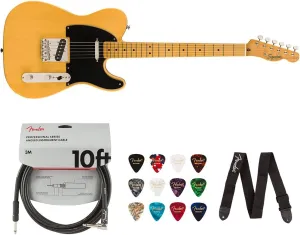 Squier by Fender 50's Telecaster (Maple, Butterscotch Blonde) Bundle with Fender 10ft Cable (Straight/Straight), Fender Guitar 12-Pack Picks, and Fender 2" Guitar Straps