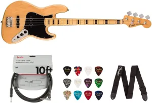 Squier by Fender Classic Vibe 70's Jazz Bass Guitar (Maple, Natural) Bundle with Fender 10ft Instrument Cable (Straight/Straight), Fender Guitar 12-Pack Picks, and Fender 2" Guitar Straps