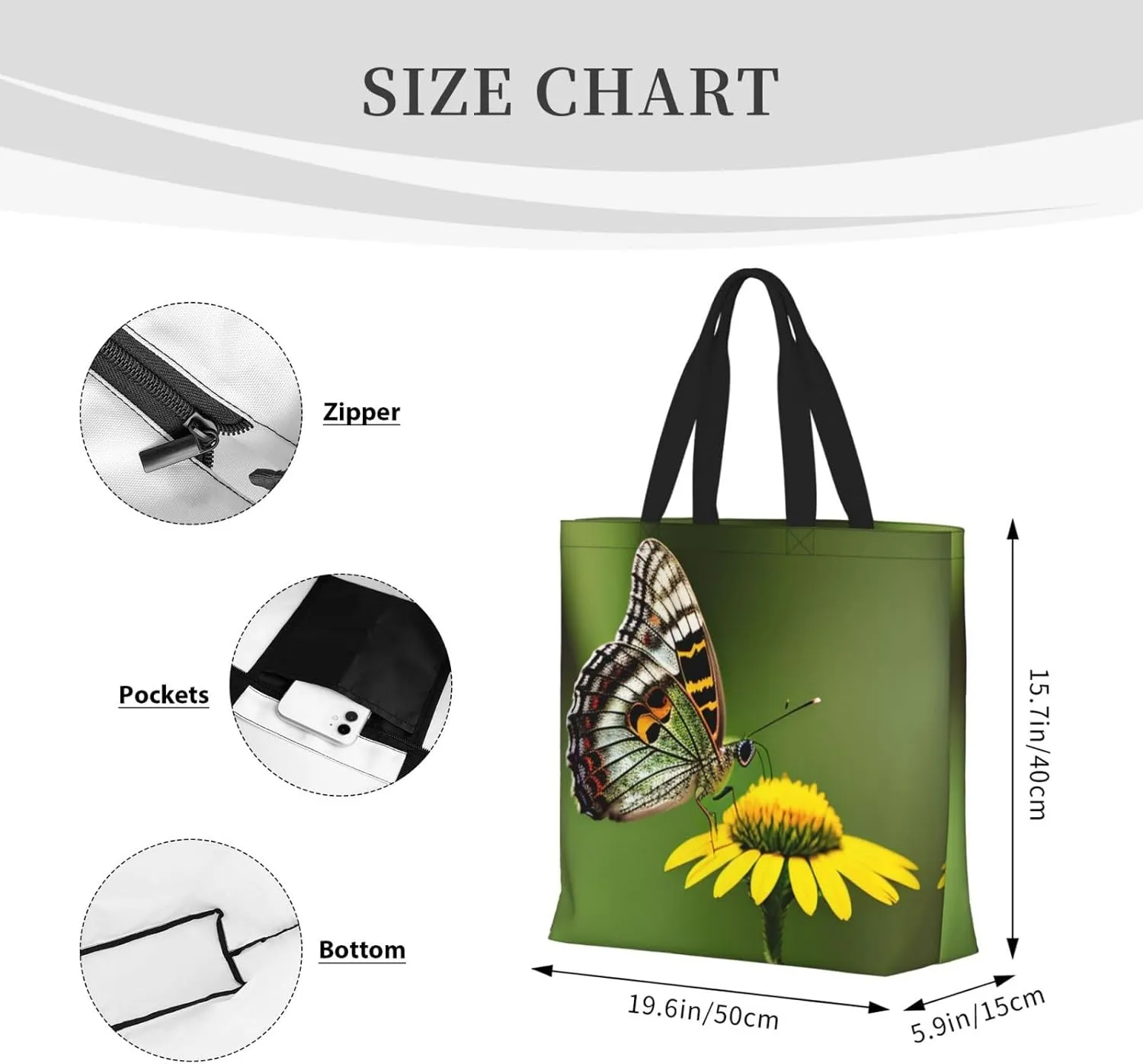 SSIMOO Flowers Colorful Butterfly 1 Stylish Zipper Shopping Bags,Shoulder Bag,The Perfect Blend Of Style And Convenience