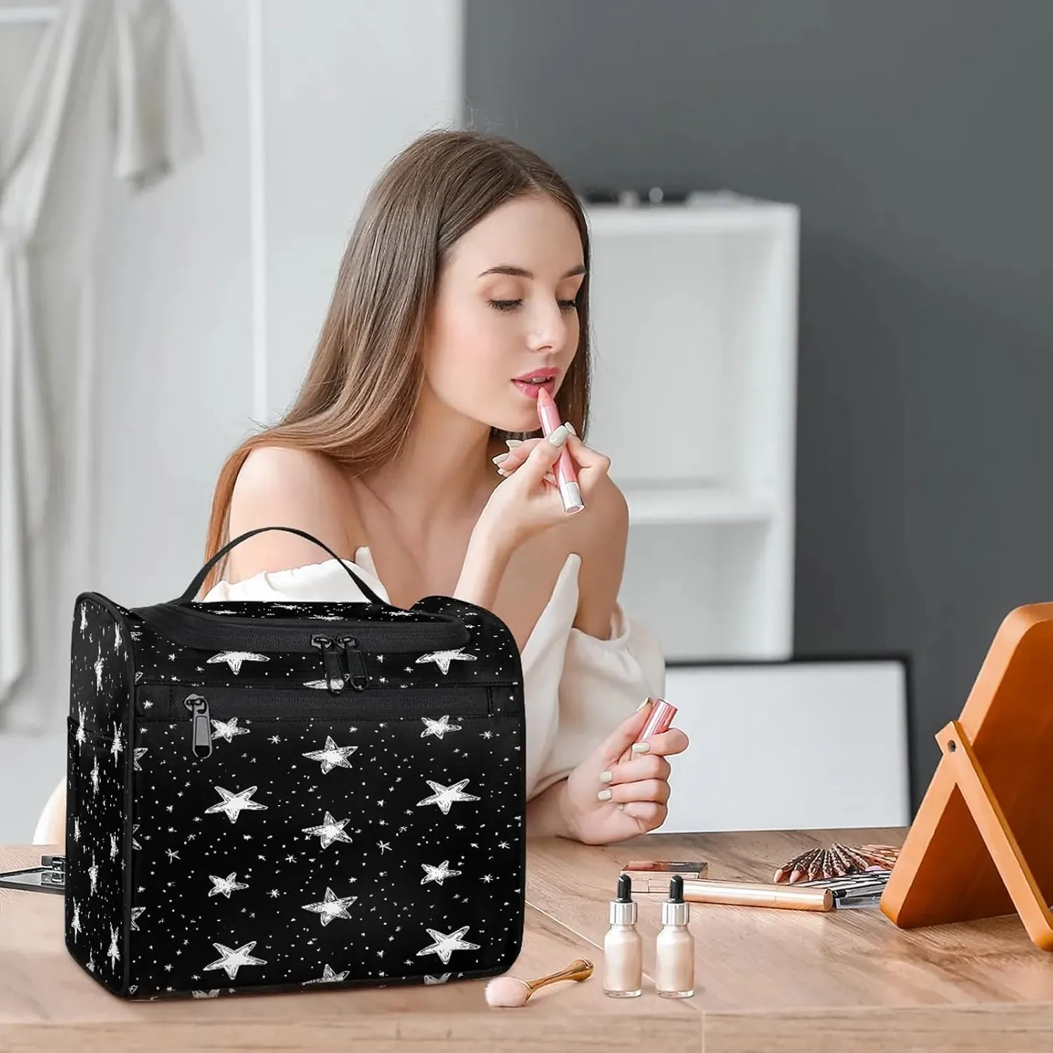 Star Large Makeup Bag Travel Make Up Organizer for Women Girls Cosmetic Bag Organizer With Handle