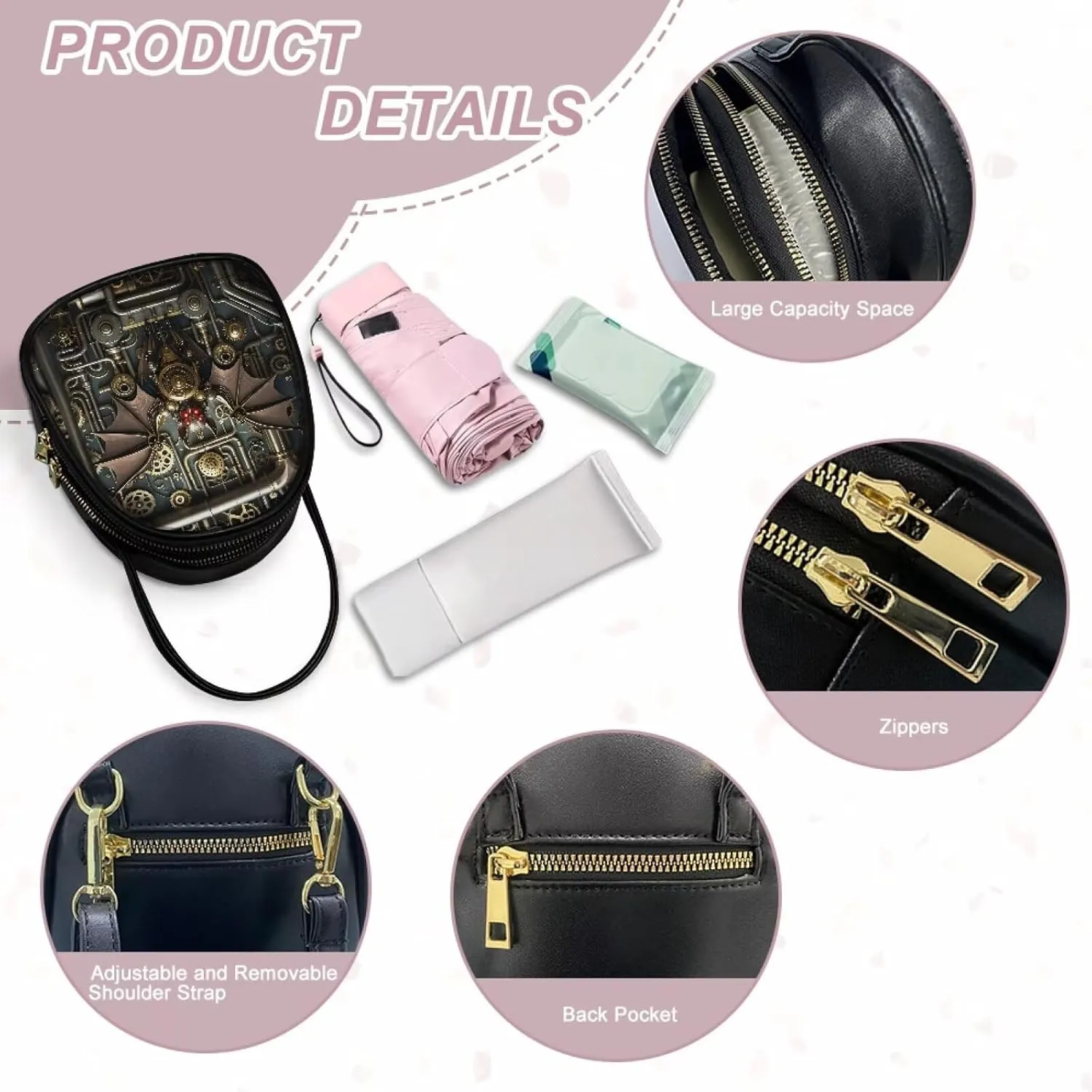 Steampunk Small Crossbody Bag PU Leather Phone Pouch Purse for Women, Top-Handle Shoulder Bags, 6.5x3.15x7.5inch