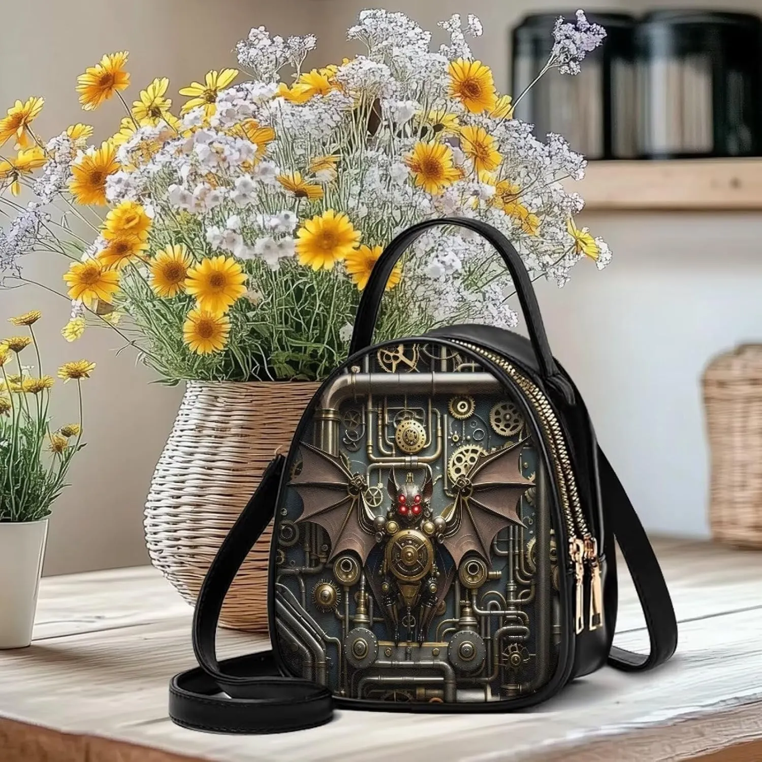 Steampunk Small Crossbody Bag PU Leather Phone Pouch Purse for Women, Top-Handle Shoulder Bags, 6.5x3.15x7.5inch