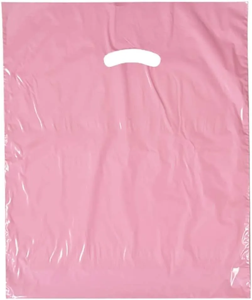 Stephanie Imports Made In USA Pack of 125 Pink Glossy Plastic Merchandise Bags (12" X 15") With Die Cut Handles