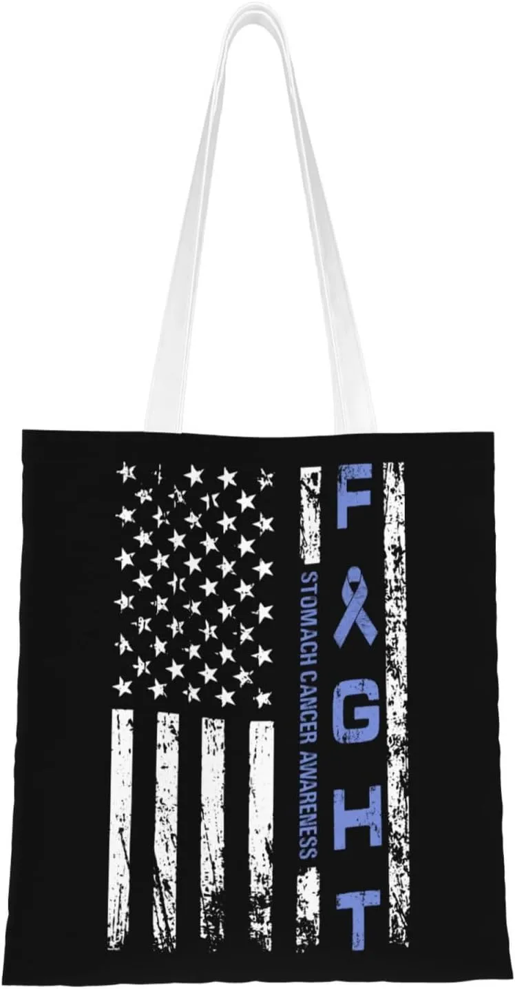 Stomach Cancer Awareness Usa Flag Tote Bag for Women Canvas Shopping Bags Reusable Large Capacity Casual Shoulder Handbags Grocery Bags DIY Gift Bags