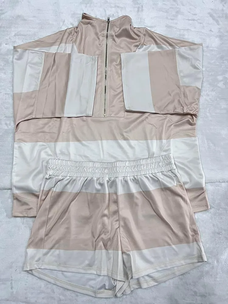 Striped Workout Set 2 PCS for Women Summer Casual Loose Zip Up Top Elastic Waist Shorts with Pocket