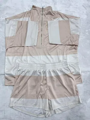 Striped Workout Set 2 PCS for Women Summer Casual Loose Zip Up Top Elastic Waist Shorts with Pocket