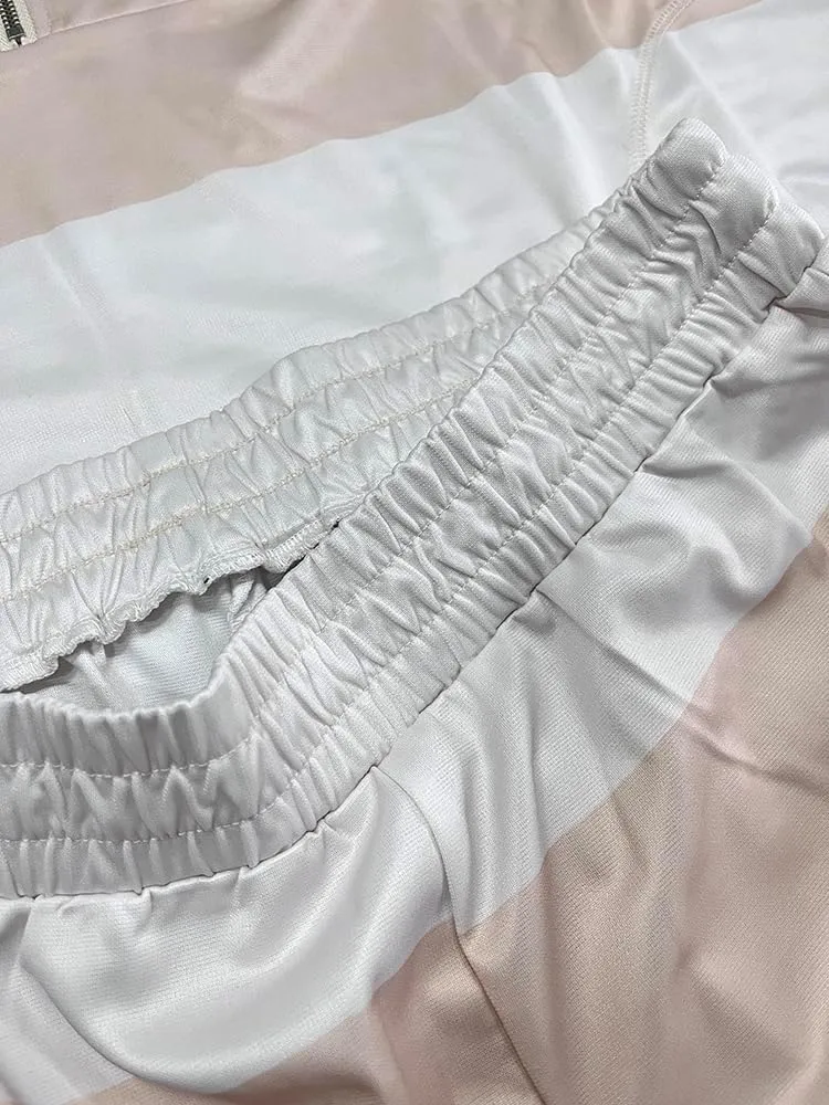 Striped Workout Set 2 PCS for Women Summer Casual Loose Zip Up Top Elastic Waist Shorts with Pocket