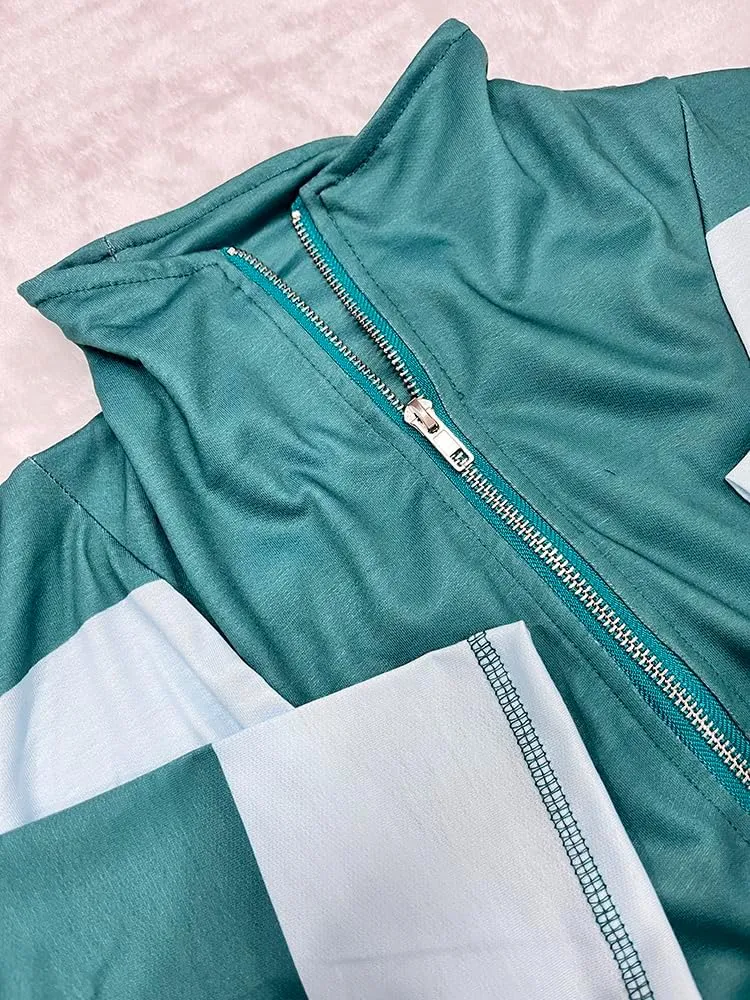 Striped Workout Set 2 PCS for Women Summer Casual Loose Zip Up Top Elastic Waist Shorts with Pocket