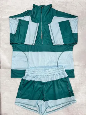 Striped Workout Set 2 PCS for Women Summer Casual Loose Zip Up Top Elastic Waist Shorts with Pocket
