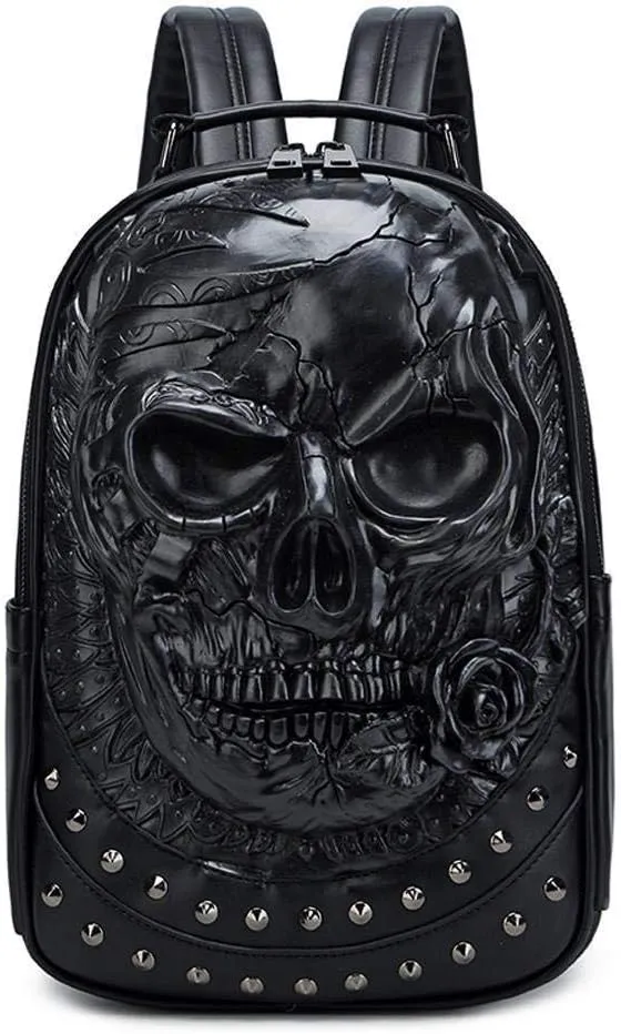 Studded Backpack Halloween 3D Skull With Rose Rucksacks Travel Bags