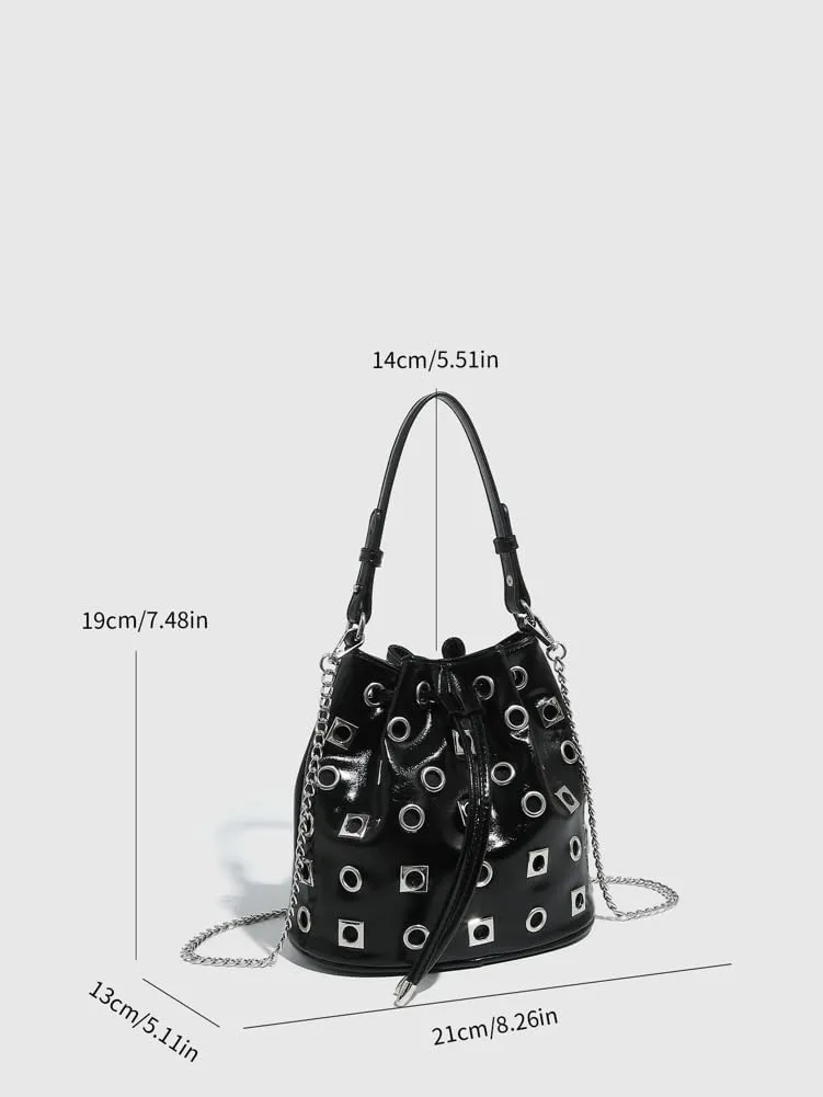 Studded Bucket Bag Women 2025 Trendy Spring Drawstring Purses Punk Hollow Out Shoulder Crossbody Bags Chain Tote Handbag