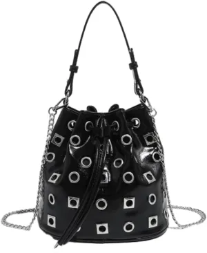 Studded Bucket Bag Women 2025 Trendy Spring Drawstring Purses Punk Hollow Out Shoulder Crossbody Bags Chain Tote Handbag