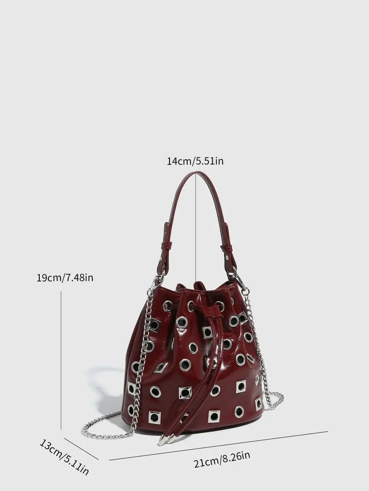 Studded Bucket Bag Women 2025 Trendy Spring Drawstring Purses Punk Hollow Out Shoulder Crossbody Bags Chain Tote Handbag