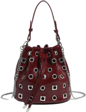 Studded Bucket Bag Women 2025 Trendy Spring Drawstring Purses Punk Hollow Out Shoulder Crossbody Bags Chain Tote Handbag