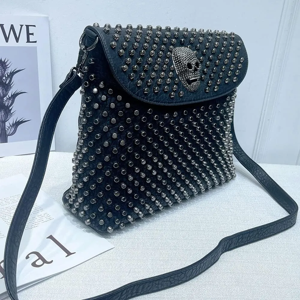 Studded Handbags Women Skull Tote Bag Vegan Leather Punk Shoulder Bags Rivet Backpack Purse Bucket Bag Satchel Style Handbags