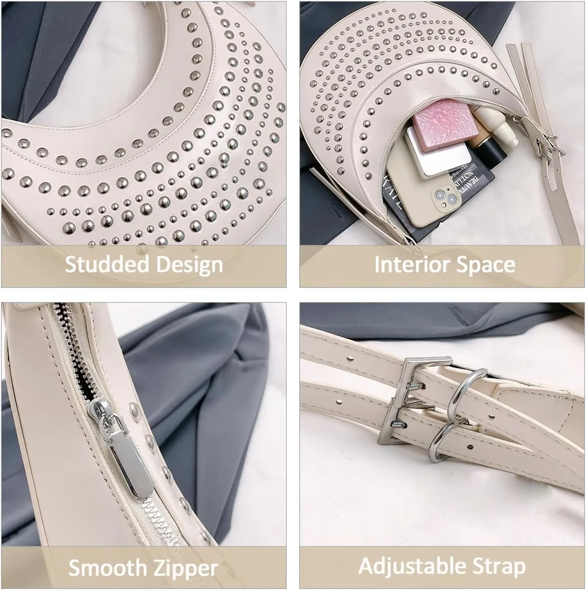 Studded Hobo Purse for Women Y2k Crescent Tote Bag Trendy Vegan Leather Shoulder Handbag 2025