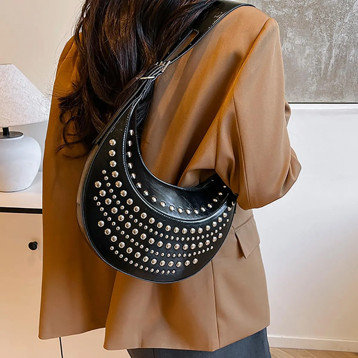 Studded Hobo Purse for Women Y2k Crescent Tote Bag Trendy Vegan Leather Shoulder Handbag 2025