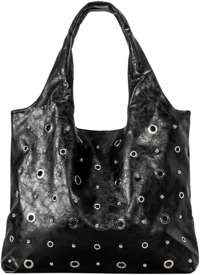 Studded Leather Tote Bag for Women Punk Rock Hobo Bag Grunge Y2k Shoulder Bags Trendy Large Handbags