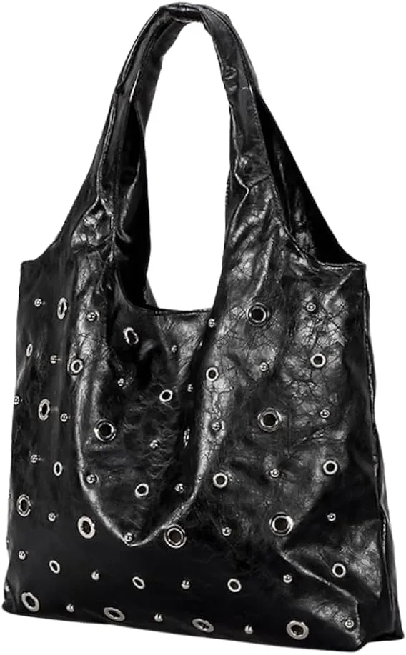Studded Leather Tote Bag for Women Punk Rock Hobo Bag Grunge Y2k Shoulder Bags Trendy Large Handbags