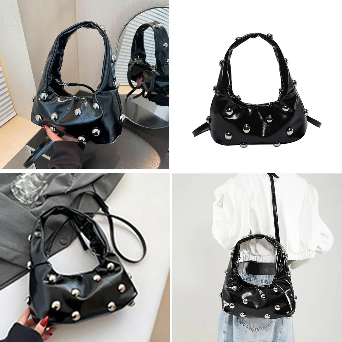 Studded Purses Black Y2k Purse Studded Handbags for Women Small Studded Leather Shoulder Bag Punk Purses Fall Purse