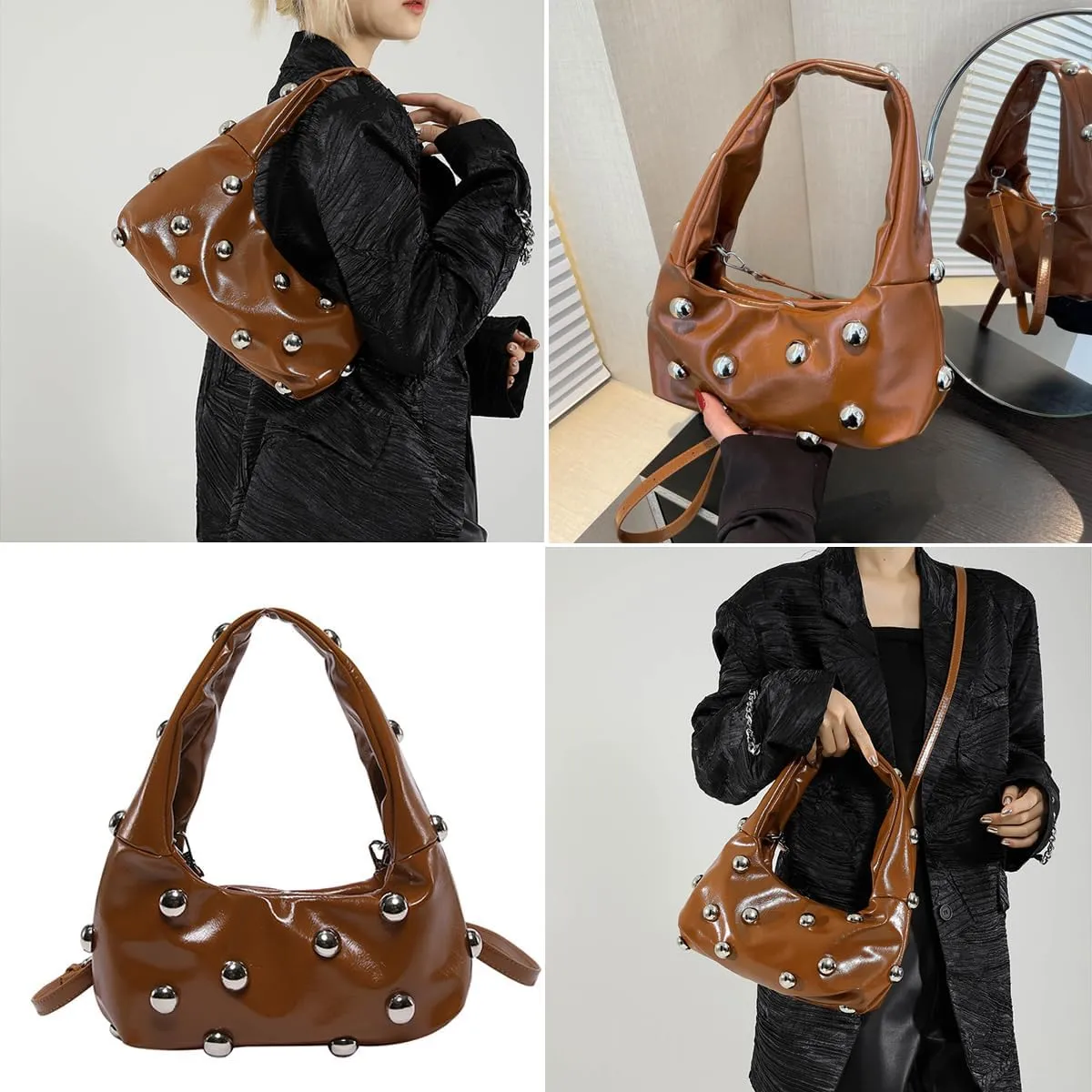Studded Purses Black Y2k Purse Studded Handbags for Women Small Studded Leather Shoulder Bag Punk Purses Fall Purse