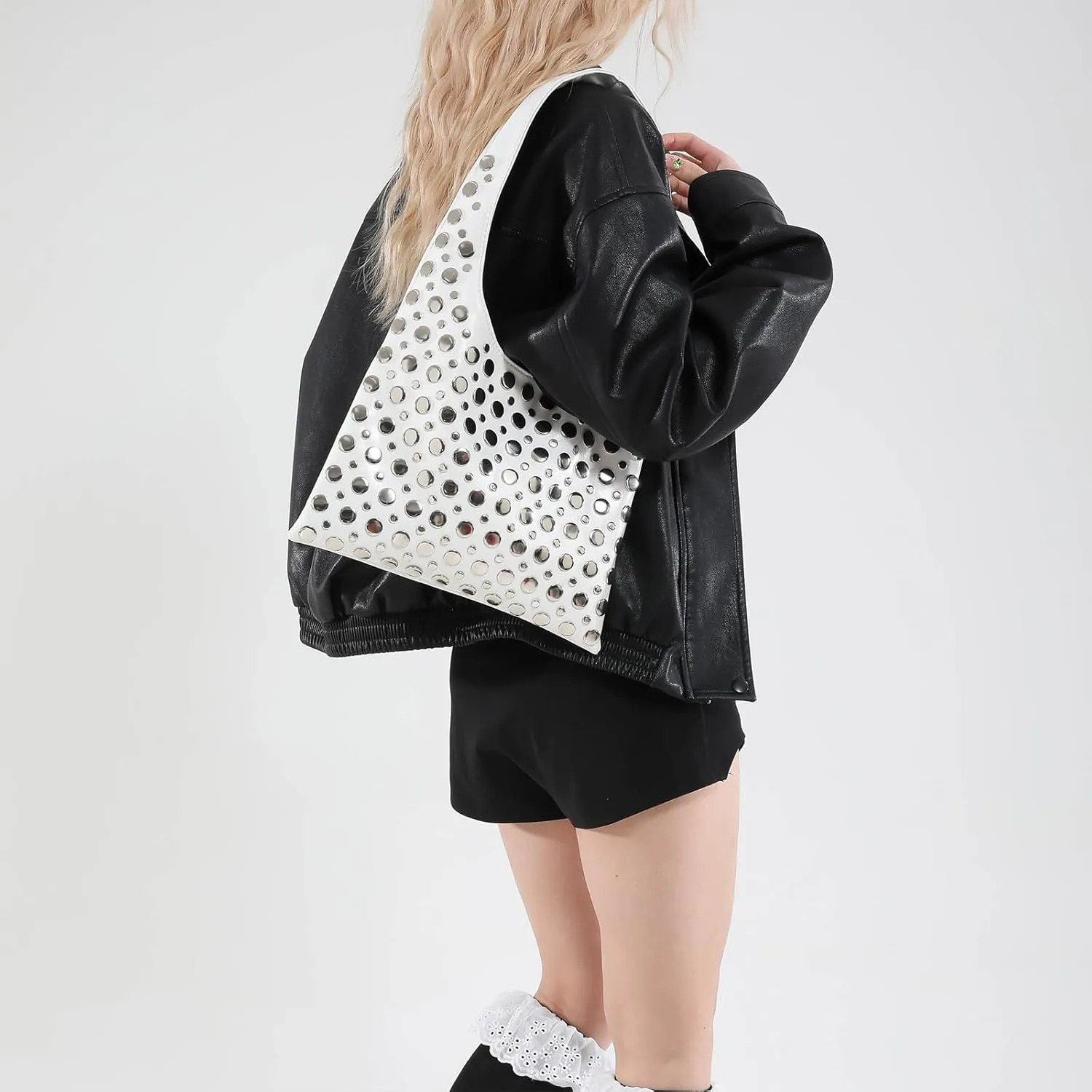 Studded Purses Y2K 90s Hobo Bags Trendy Shoulder Punk Handbag Soft Faux Leather Underarm Satchels Tote Handbags