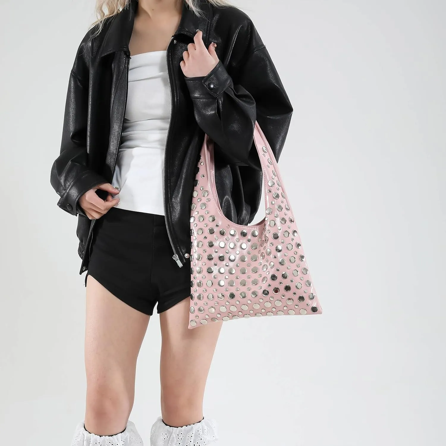 Studded Purses Y2K 90s Hobo Bags Trendy Shoulder Punk Handbag Soft Faux Leather Underarm Satchels Tote Handbags