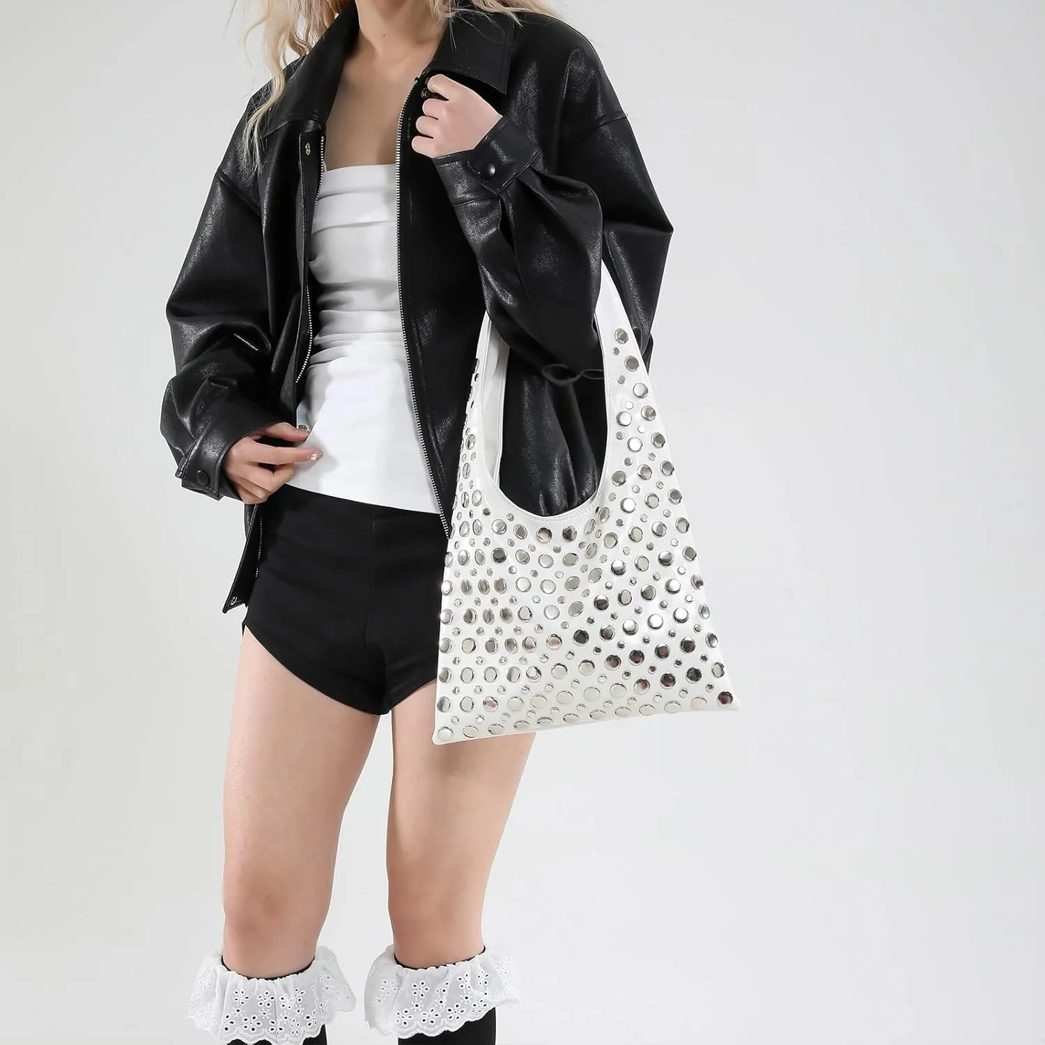Studded Purses Y2K 90s Hobo Bags Trendy Shoulder Punk Handbag Soft Faux Leather Underarm Satchels Tote Handbags