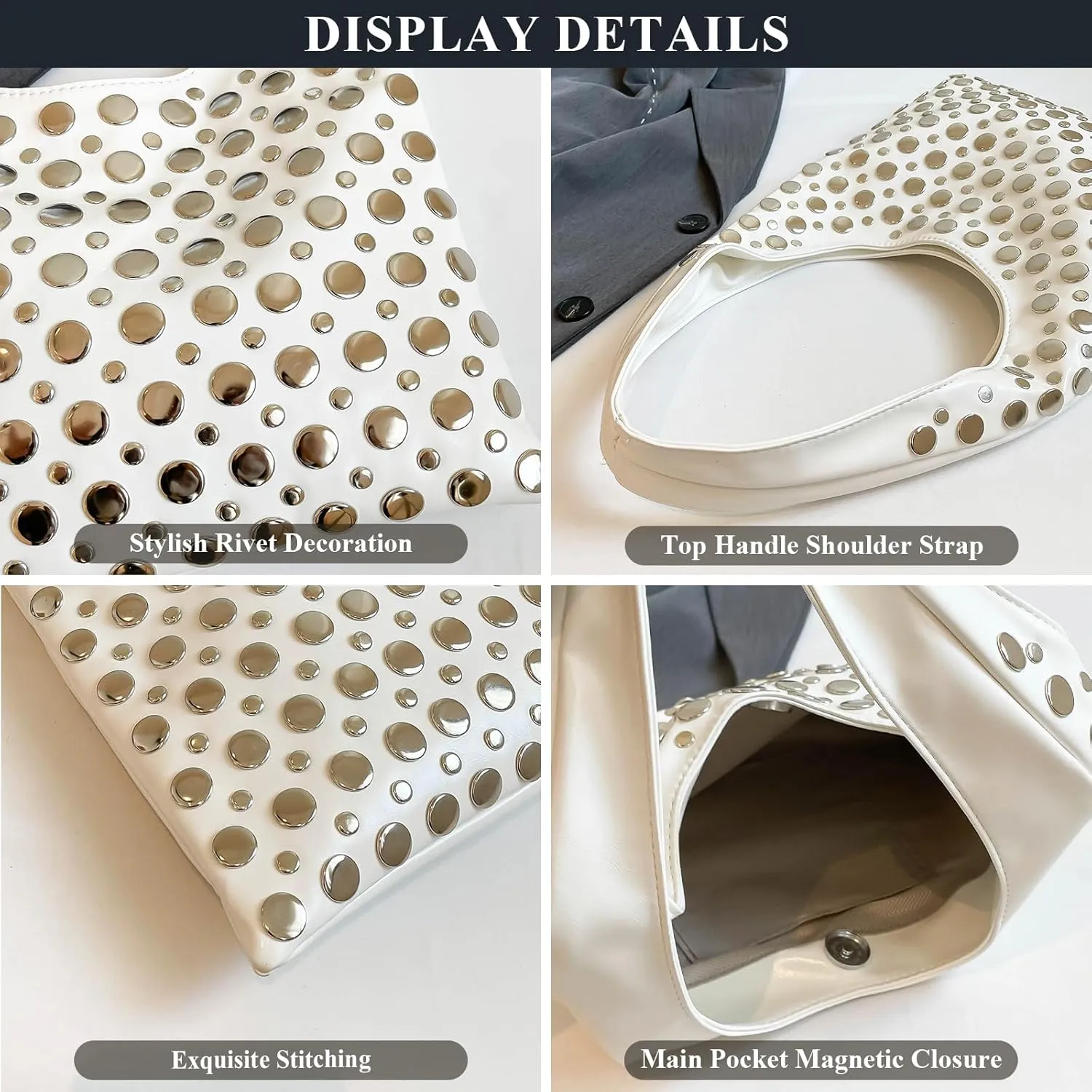 Studded Purses Y2K 90s Hobo Bags Trendy Shoulder Punk Handbag Soft Faux Leather Underarm Satchels Tote Handbags