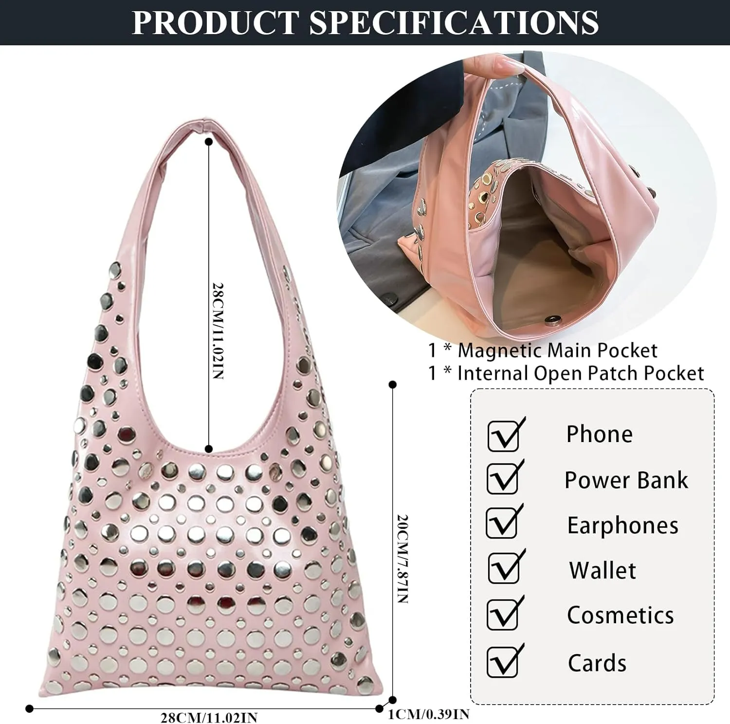Studded Purses Y2K 90s Hobo Bags Trendy Shoulder Punk Handbag Soft Faux Leather Underarm Satchels Tote Handbags