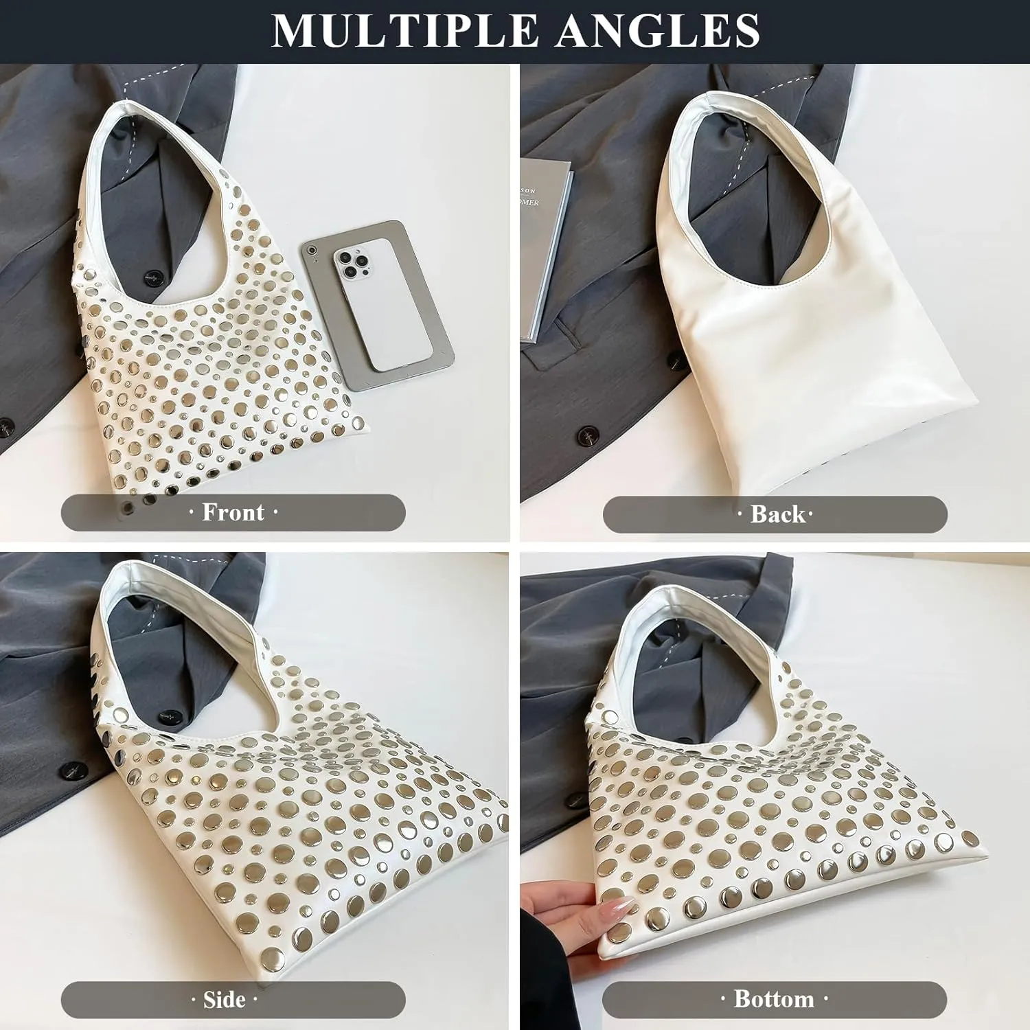 Studded Purses Y2K 90s Hobo Bags Trendy Shoulder Punk Handbag Soft Faux Leather Underarm Satchels Tote Handbags
