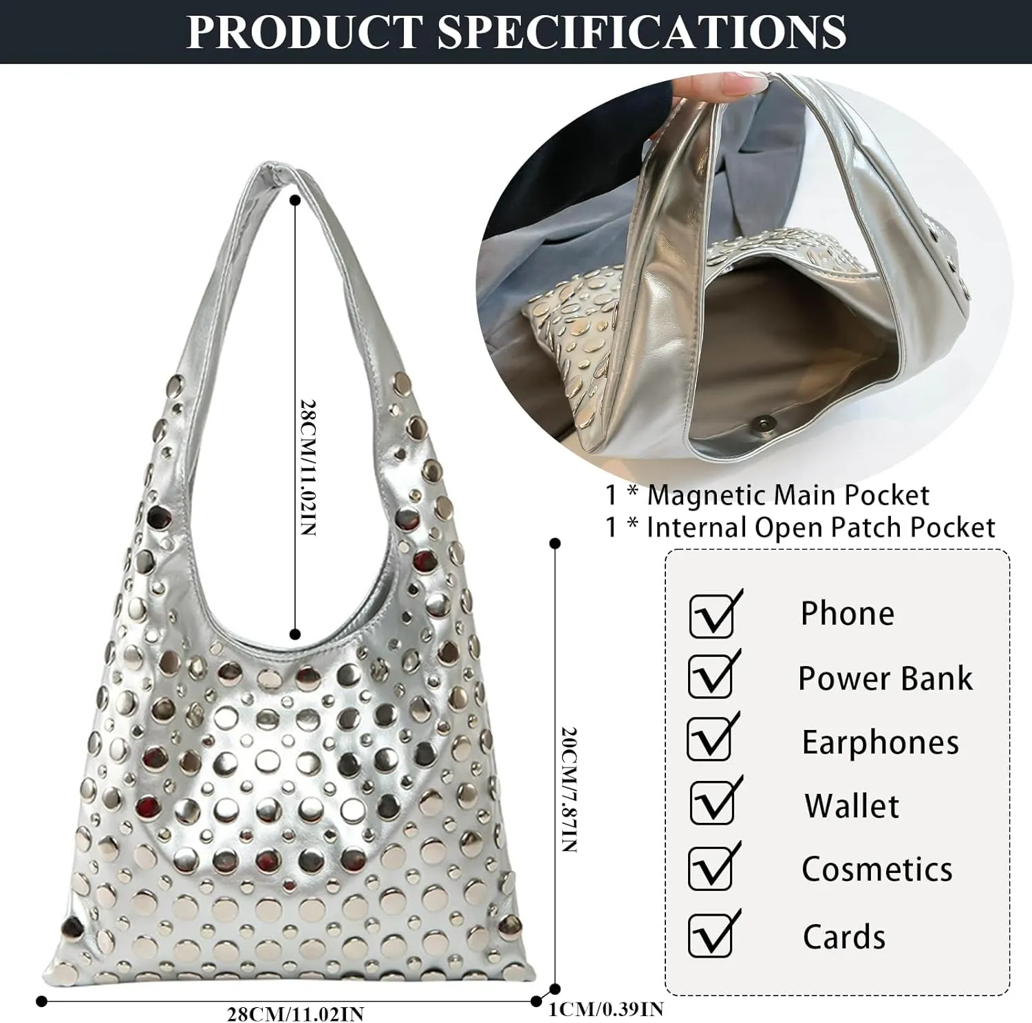 Studded Purses Y2K 90s Hobo Bags Trendy Shoulder Punk Handbag Soft Faux Leather Underarm Satchels Tote Handbags