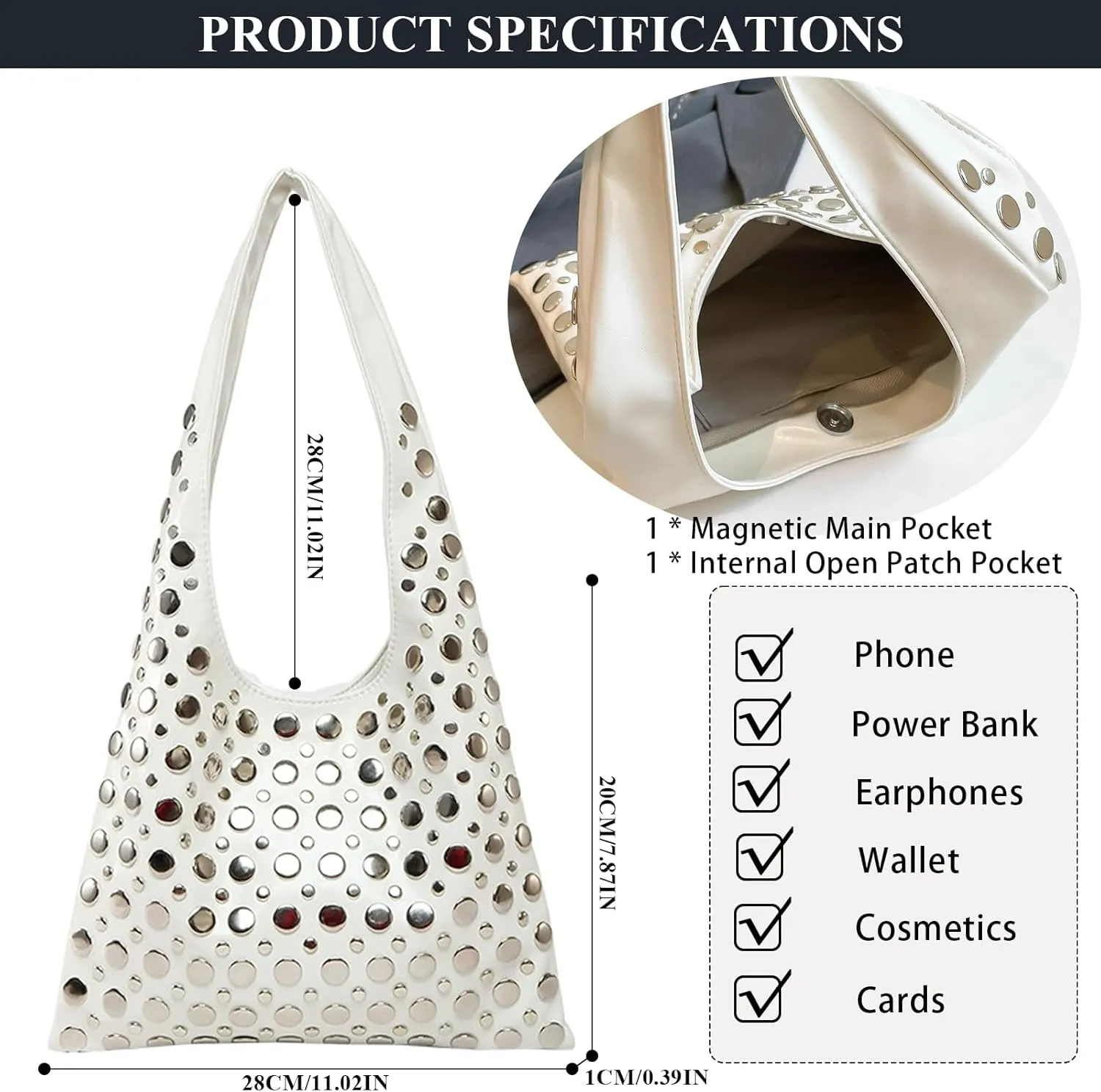 Studded Purses Y2K 90s Hobo Bags Trendy Shoulder Punk Handbag Soft Faux Leather Underarm Satchels Tote Handbags
