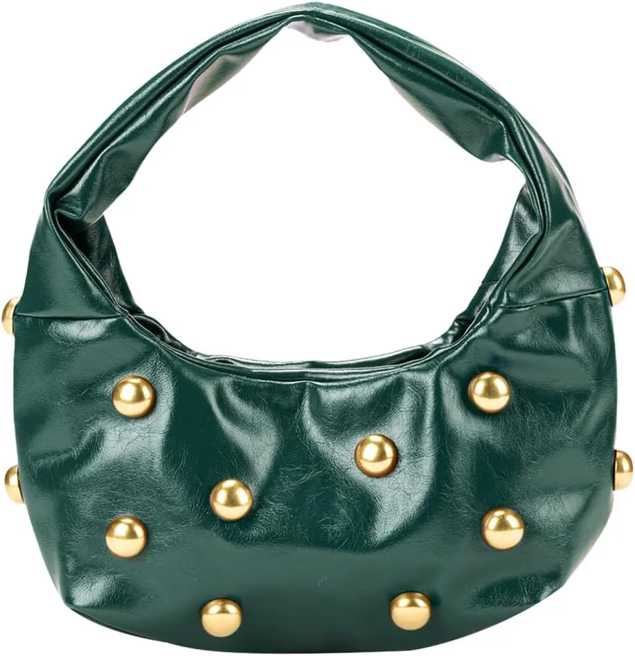 Studded Shoulder Bag for Women Y2k Retro Small Leather Hobo Handbag Handmade Rivet Purse