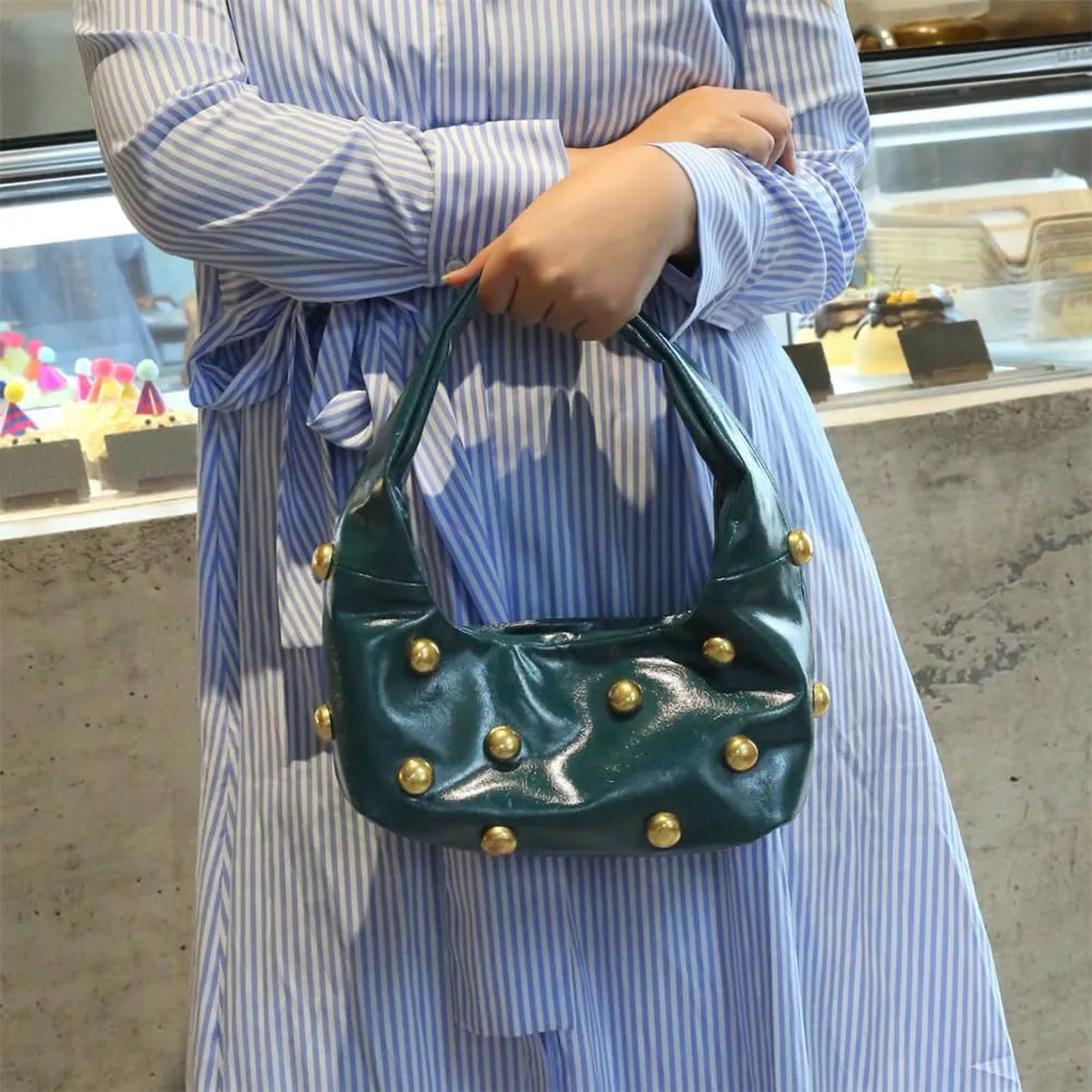 Studded Shoulder Bag for Women Y2k Retro Small Leather Hobo Handbag Handmade Rivet Purse