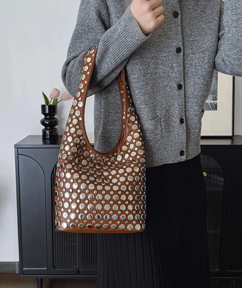 Studded Shoulder Bag Women PU Leather Y2k 90s Punk Tote Bags Streetwear Underarm Purse Top-handle Hobo Shoulder Handbag