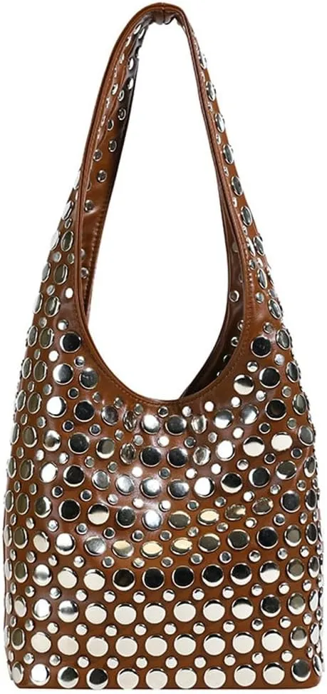 Studded Shoulder Bag Women PU Leather Y2k 90s Punk Tote Bags Streetwear Underarm Purse Top-handle Hobo Shoulder Handbag