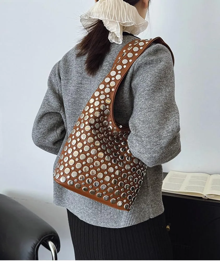 Studded Shoulder Bag Women PU Leather Y2k 90s Punk Tote Bags Streetwear Underarm Purse Top-handle Hobo Shoulder Handbag