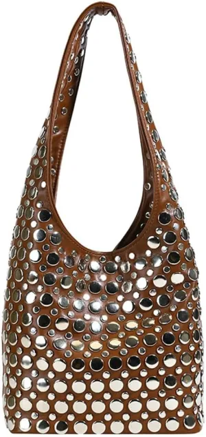 Studded Shoulder Bag Women PU Leather Y2k 90s Punk Tote Bags Streetwear Underarm Purse Top-handle Hobo Shoulder Handbag