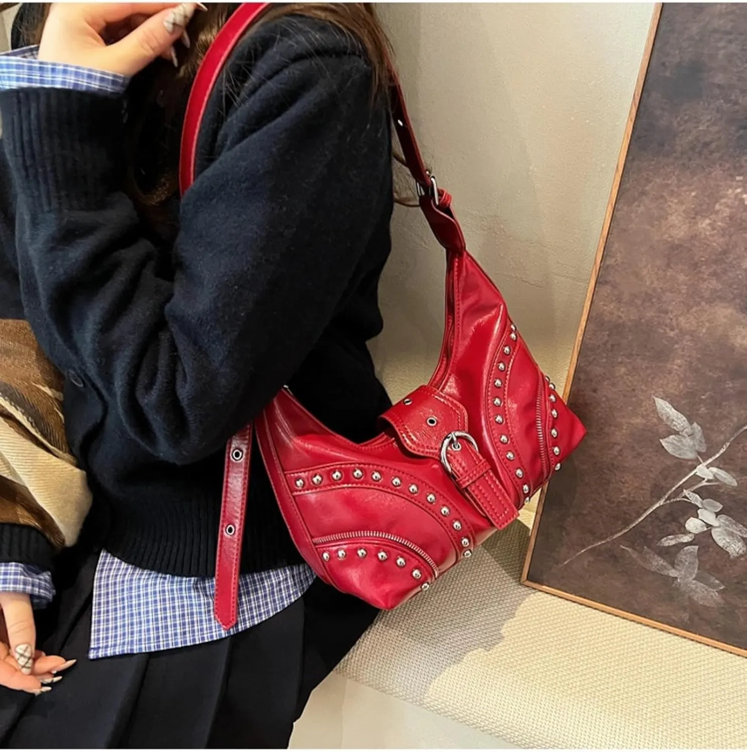 Studded Shoulder Bags Grunge Purse for Women Faux Leather Hobo Purse Y2k Dumpling Bag Summer 2000s Streetwear