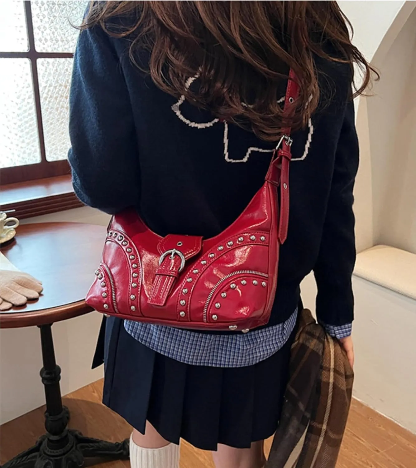 Studded Shoulder Bags Grunge Purse for Women Faux Leather Hobo Purse Y2k Dumpling Bag Summer 2000s Streetwear