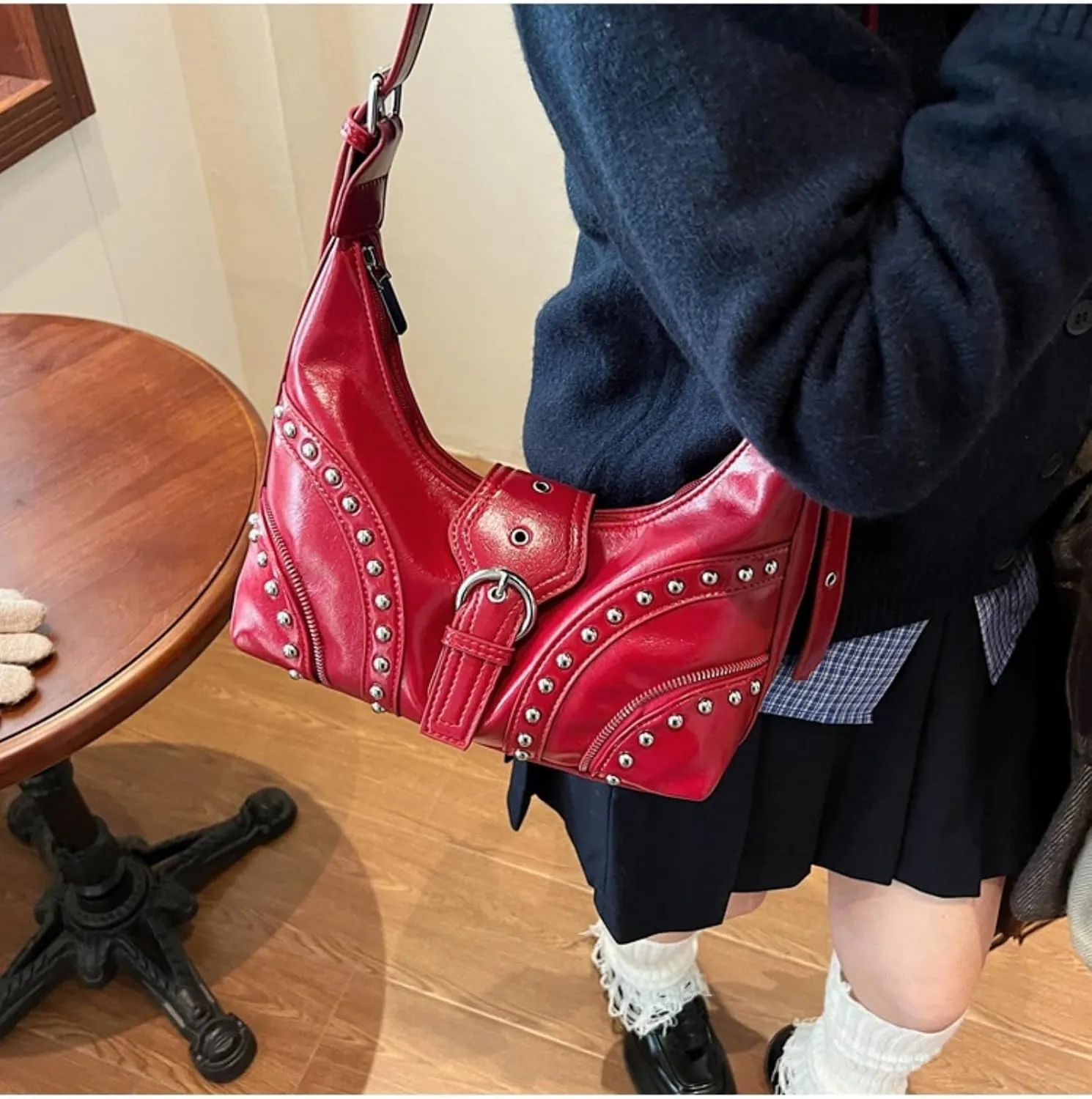 Studded Shoulder Bags Grunge Purse for Women Faux Leather Hobo Purse Y2k Dumpling Bag Summer 2000s Streetwear