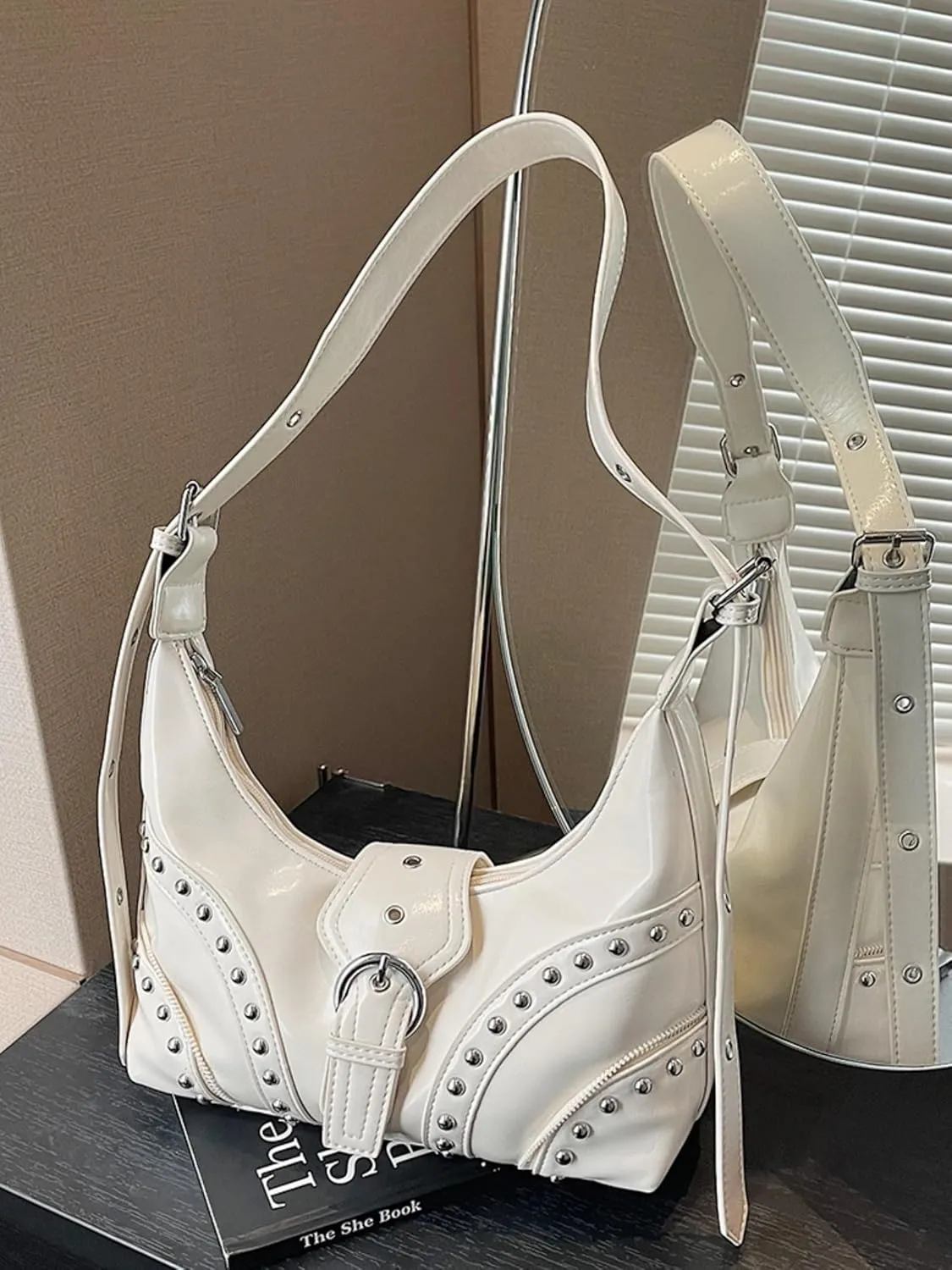 Studded Shoulder Bags Grunge Purse for Women Faux Leather Hobo Purse Y2k Dumpling Bag Summer 2000s Streetwear