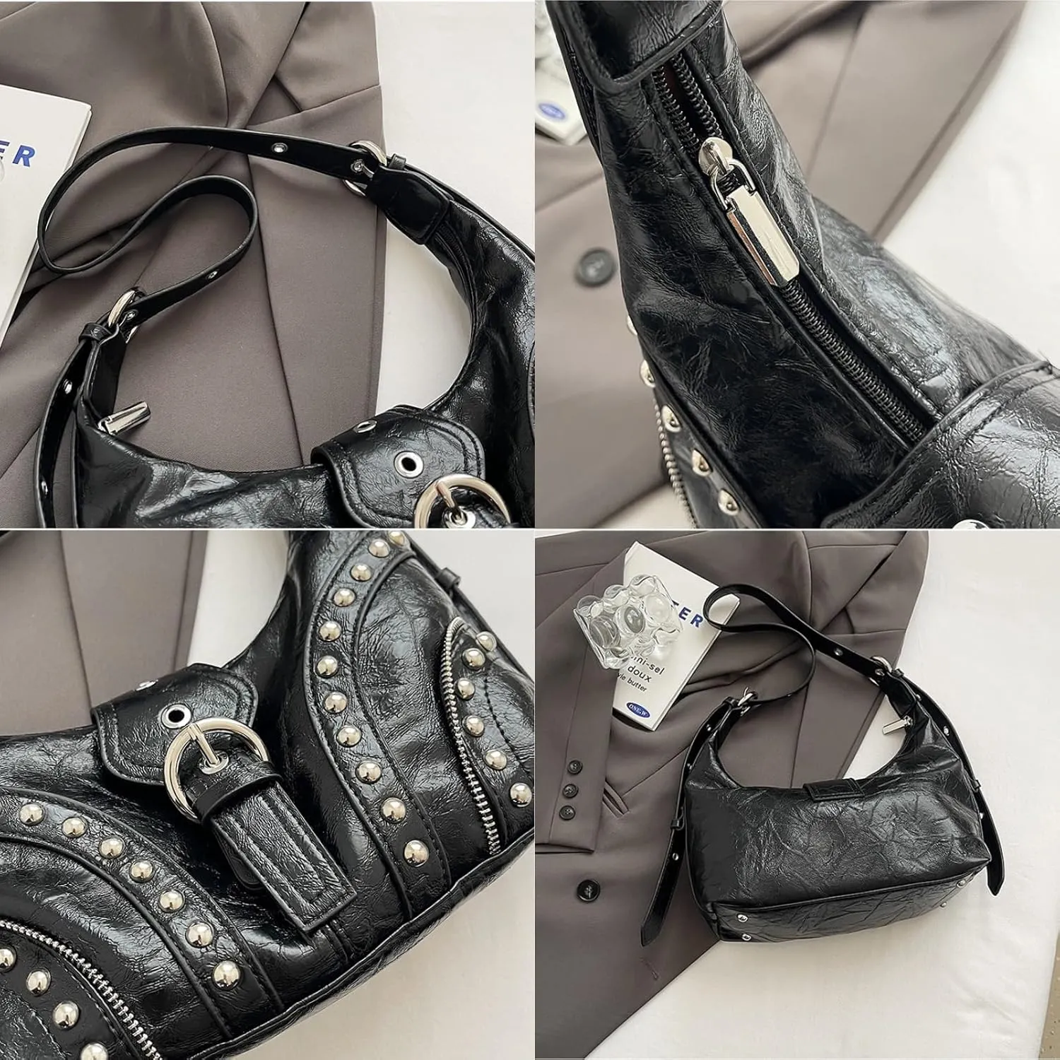 Studded Shoulder Bags Grunge Purse for Women Faux Leather Hobo Purse Y2k Dumpling Bag Summer 2000s Streetwear