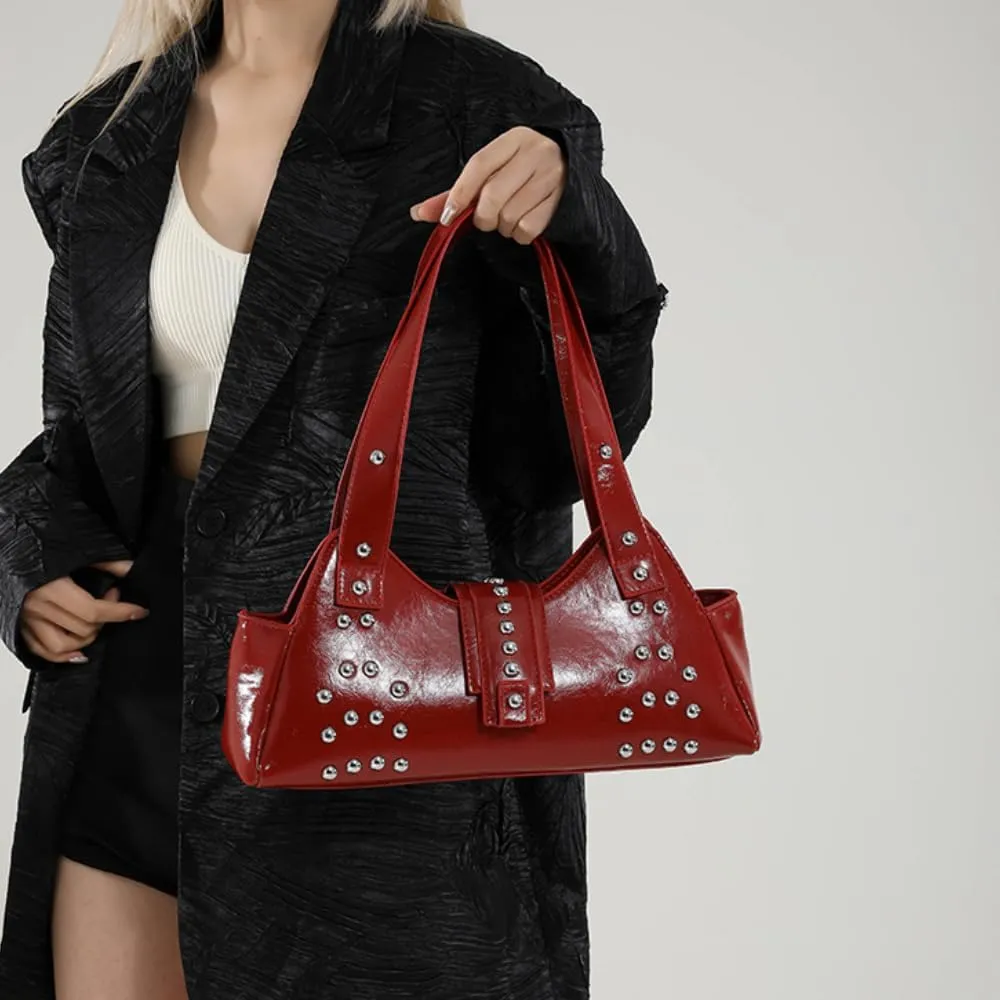 Studded Shoulder Purse 2000s Fall Vintage Streetwear Y2k Cute Shoulder Bag 90s Red Leather Purse