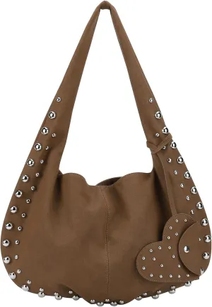Studded Suede Tote Bag for Women Studded Purses Y2k Shoulder Bag Fall Faux Suede Bag Hobo Slouchy Work Handbag